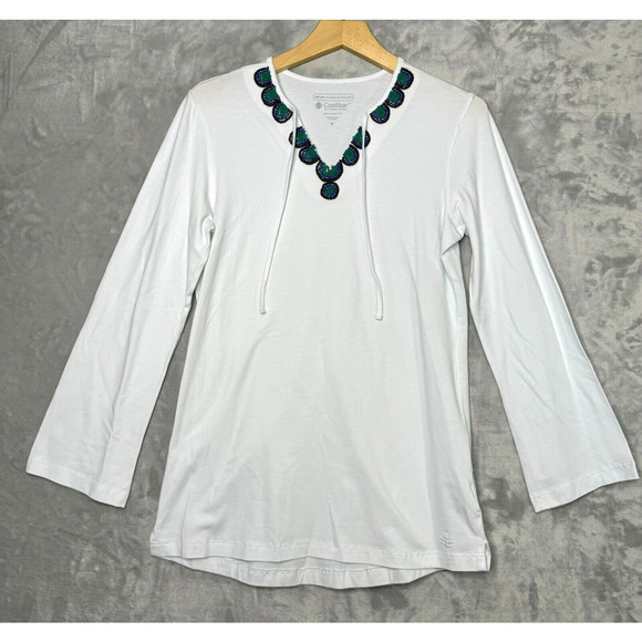 Coolibar Top Womens Small White Beaded V Neck Long Sleeve UPF 50+ Sun Protection - Picture 1 of 12